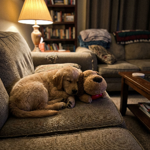 Dog lying on a couch next to a teddy bear in a cozy living room.