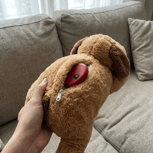 Brown plush toy resembling a dog with a red object inside, held by a hand on a beige couch.