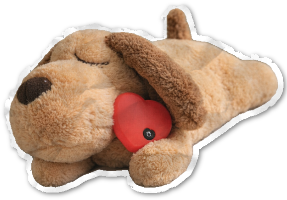 Plush dog toy with a red heart on a white background