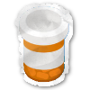 Small white pill bottle with orange label on a white background